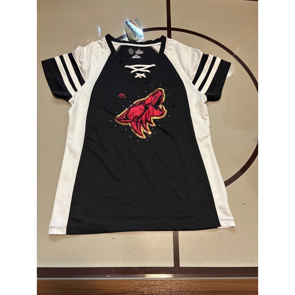 1276 NHL Arizona Coyotes Lace Up Jersey Shirt Womens L Black White Sequin